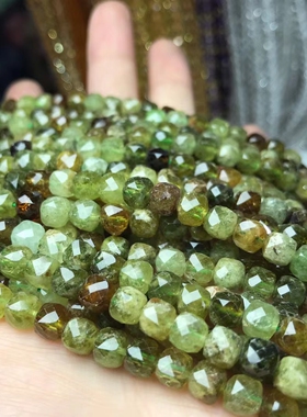 7-8MM 天然水晶沙佛莱绿石榴 立方块钻石面散珠 硬抛切面半成品珠