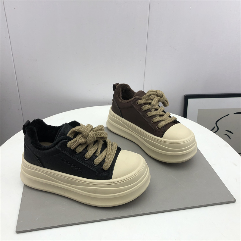 2025冬季新款女鞋圆头深口系带松糕厚底加绒保暖时尚百搭女士棉鞋 - 图1