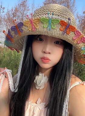 彩色蝴蝶蕾丝飘带草帽女夏