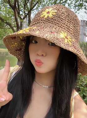 雏菊花朵手工编织草帽女夏季