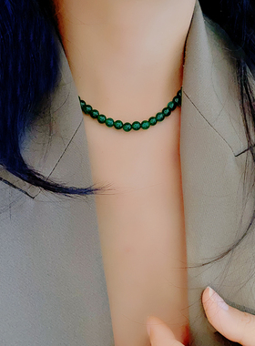 天然绿玛瑙绿色玉髓串珠叠戴项链女新中式复古元宝扣锁骨链毛衣链
