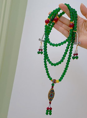 复古民族风绿色水晶斜挎项链佛珠念珠男女百搭项链毛衣链挂件配饰