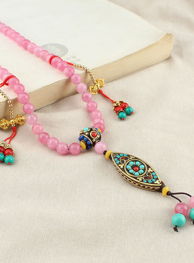 中式民族风粉链子国风古风长款中式斜挎链轻奢唐卡吊坠百搭项链