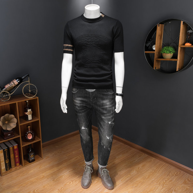 潮流半高领短袖羊毛衫男款提花打底针织衫欧洲站冬季轻奢半袖毛衣