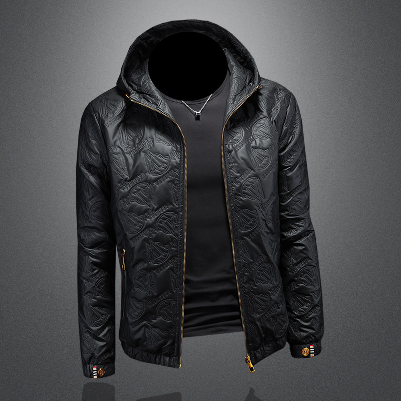 欧洲站高端加厚男夹克秋冬皮衣潮流帅气休闲连帽加棉压花型男外套,淘宝优惠券,粉丝福利购,淘宝优惠卷
