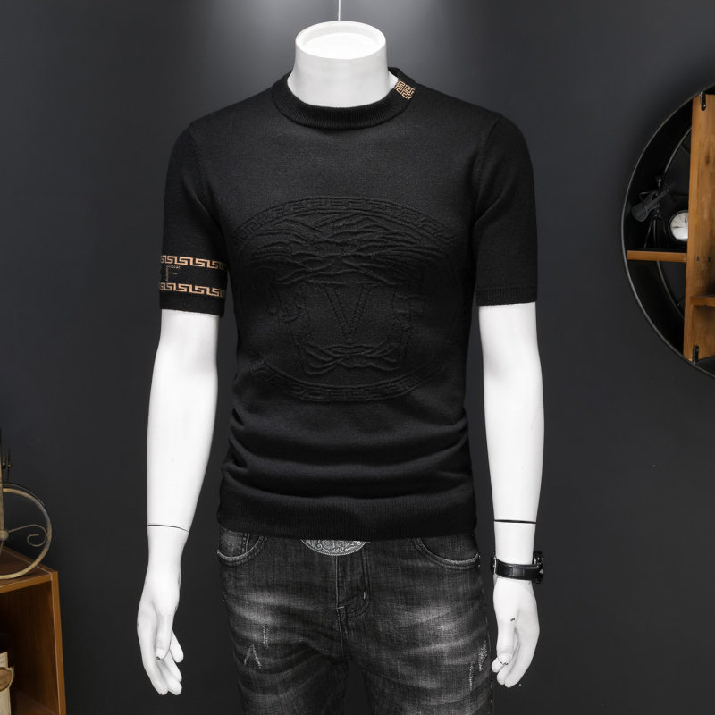 潮流半高领短袖羊毛衫男款提花打底针织衫欧洲站冬季轻奢半袖毛衣