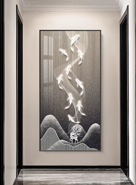 现代简约进门玄关装饰画竖版九鱼图走廊挂画蓝色背景壁画过道晶瓷