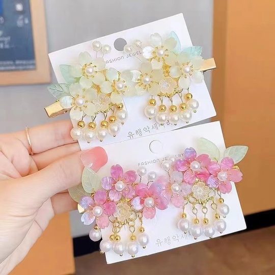 儿童汉服头饰步摇流苏古风发夹女中国风粉色花朵发卡公主古装发饰