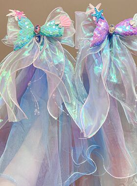 女童蓝色美人鱼发夹头纱生日