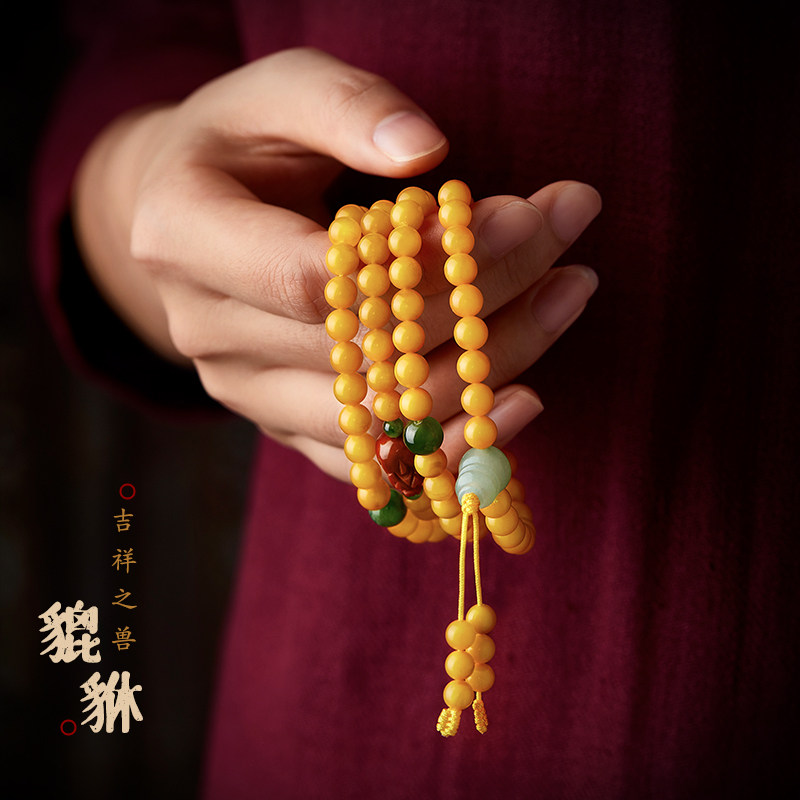 天然老蜜蜡女鸡油黄原石108颗手串 易明居手链