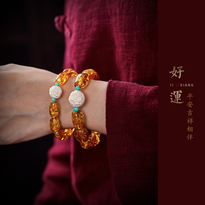 蜜蜡手串天然原石净水花珀貔貅手链 易明居手链