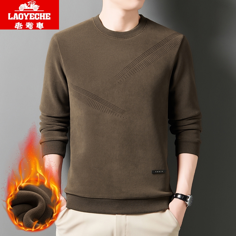老爷车冬季高端圆领奥粒绒卫衣加绒加厚长袖T恤男保暖上衣打底衫