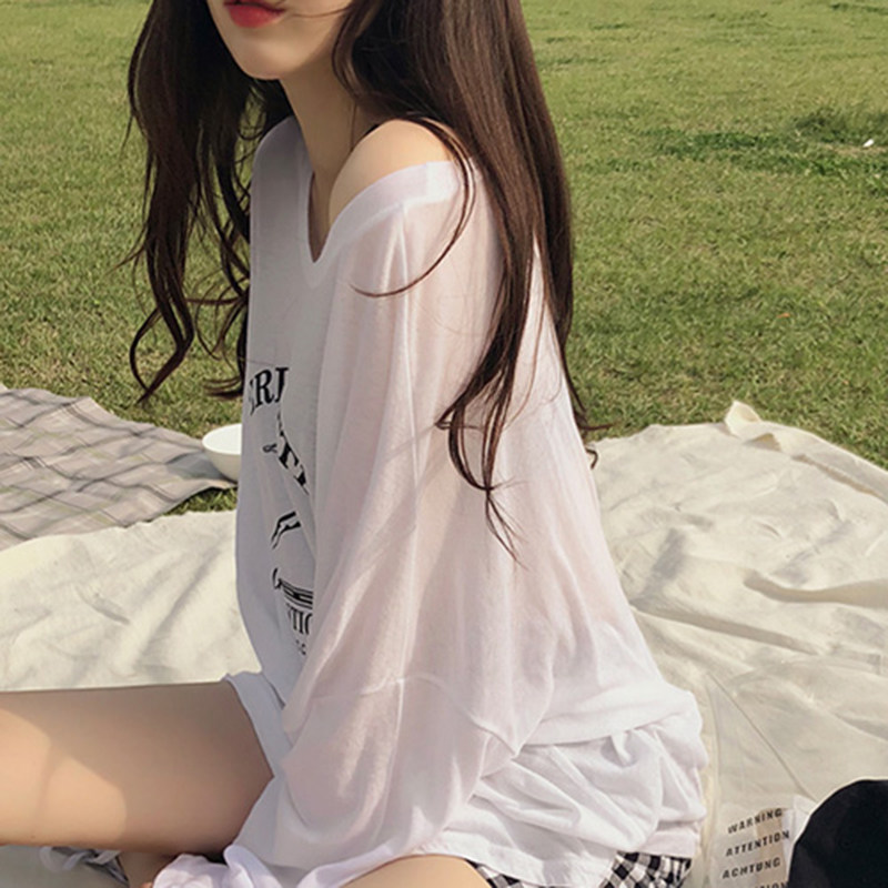 夏季白色t恤长袖宽松露肩风打底衫 monie服饰T恤