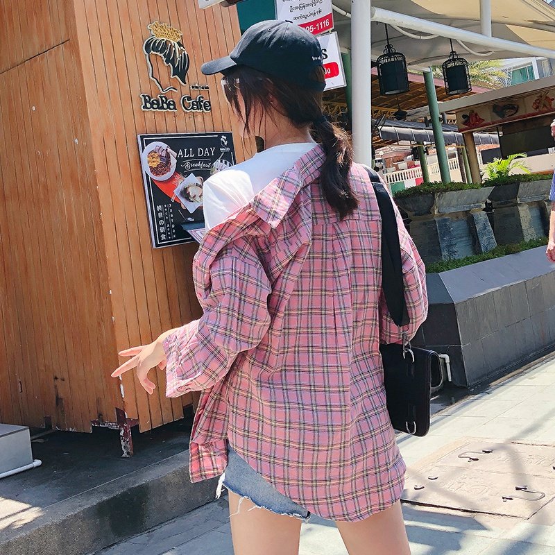 2020春秋季新款超薄粉格子女装衬衫 monie服饰衬衫