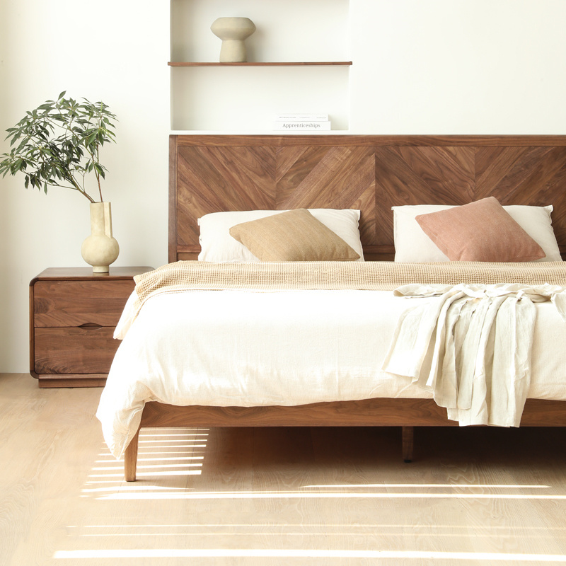 北美黑胡桃木床意式轻奢实木拼花床1.8米双人床1.5主卧家具北欧床-图0