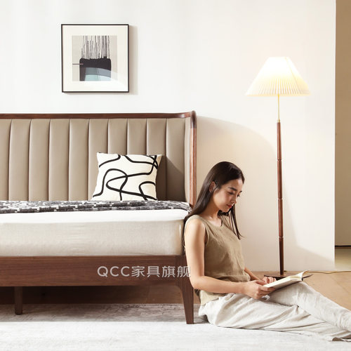 北美黑胡桃木实木床设计师款瀑布床主卧室真皮双人床意式极简轻奢 - 图3