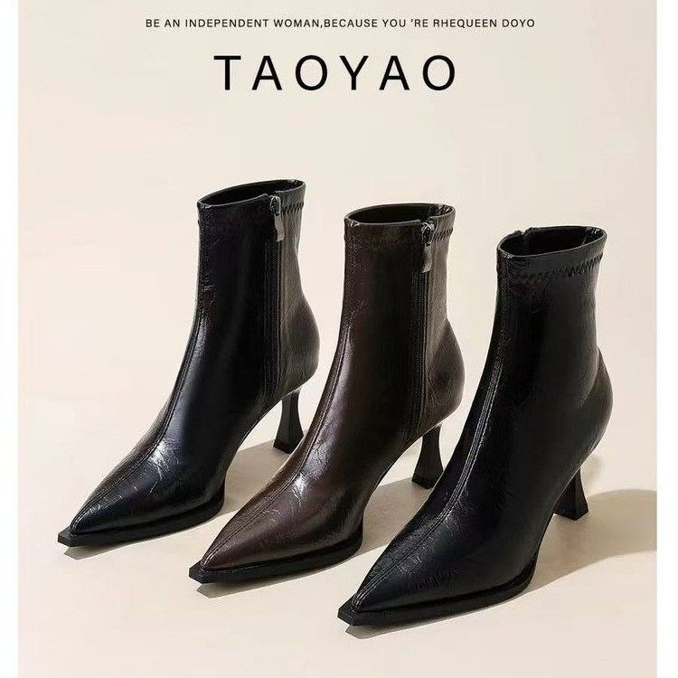 啄木鸟复古尖头高跟短靴女细跟2025秋冬新款百搭中跟瘦瘦靴女皮靴,淘宝优惠券,粉丝福利购,淘宝优惠卷