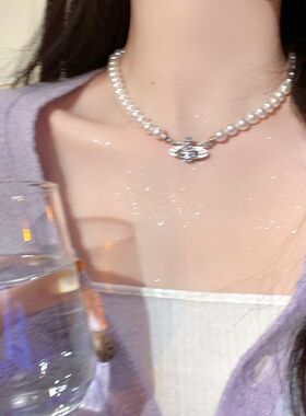 法式珍珠蝴蝶结项链女轻奢小众优雅锁骨链白色颈链