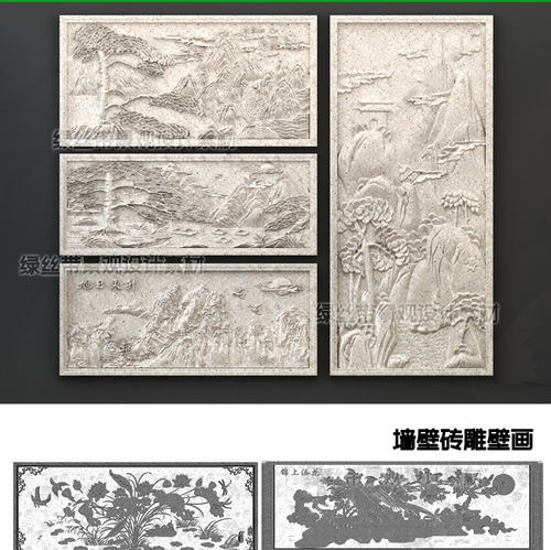 草图大师中式浮雕景墙雕花图案山水花鸟壁画砖雕影壁墙雕刻su模型 - 图1