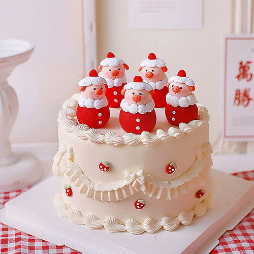 原创烘焙蛋糕装饰 奶油小猪围巾麋鹿圣诞树小动物甜品台派对装扮 - 图3