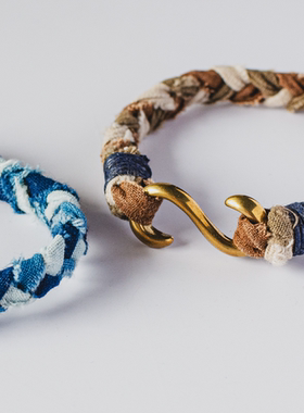 手作配饰草木染布编织手绳黄铜s钩男女情侣手链咔叽中性风褴褛