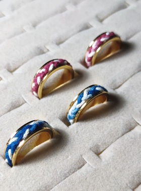 原路植物蓝染草木染设计手工编织镀金戒指钛钢金指环开口