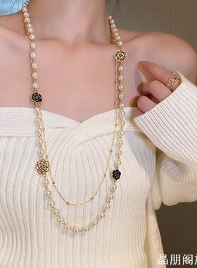 长款双层多层叠戴夸张仿珍珠毛衣链旗袍项链女配饰2025新款颈链