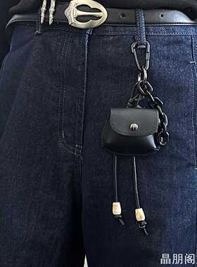 ins潮酷黑色皮质耳机保护套粗链条编织绳方珠登山扣裤挂小包挂件