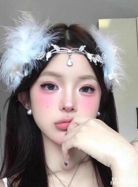 精灵天使妆容羽毛额饰白绒毛镶钻
