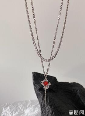 无人区玫瑰项链男女暗黑双层链条项链红锆石吊坠高级感配饰毛衣链