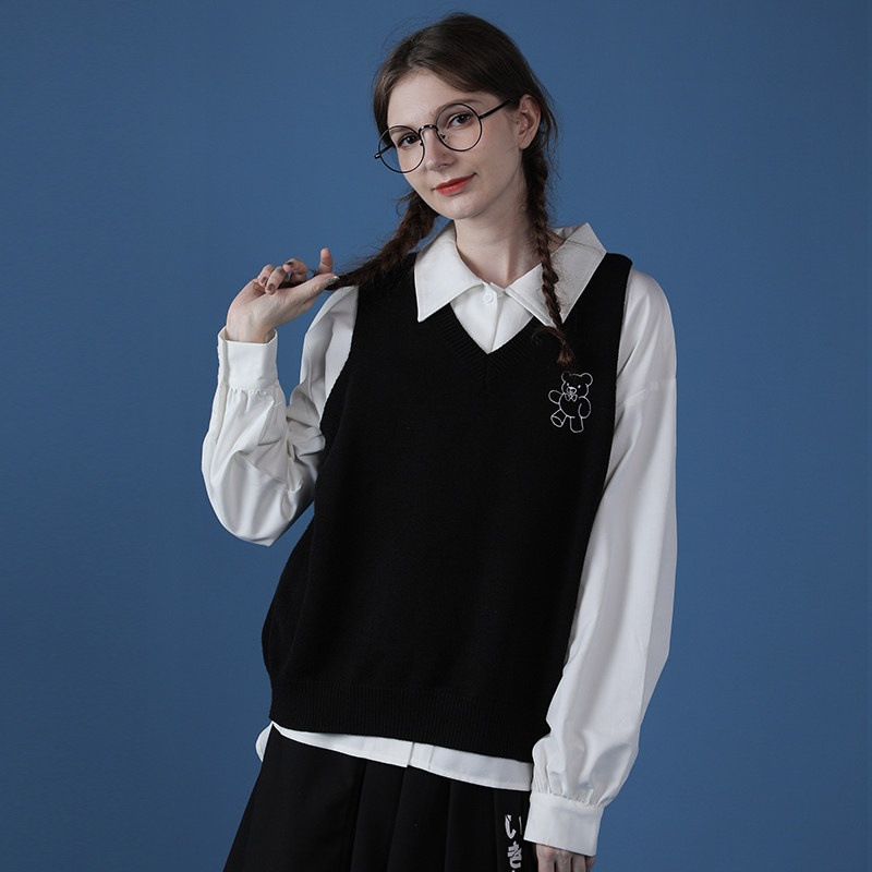 新款黑色女秋jk学院风v领宽松毛衣 佐贝卡毛针织衫
