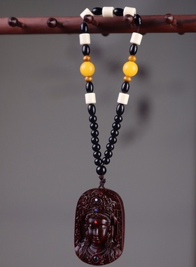 小叶紫檀观音头吊坠投影观世音菩萨男女佛珠项链佛牌时来运转挂件