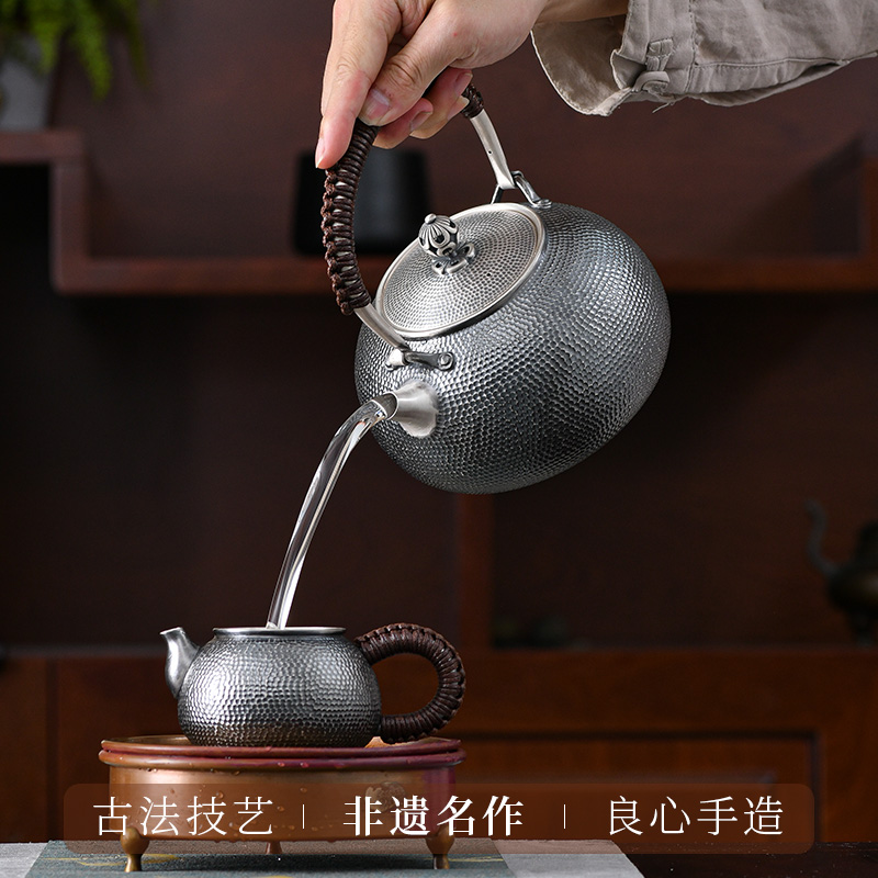 乔师傅纯银999烧水壶足银茶具纯手工锤纹复古日本煮水泡茶壶银壶 - 图0