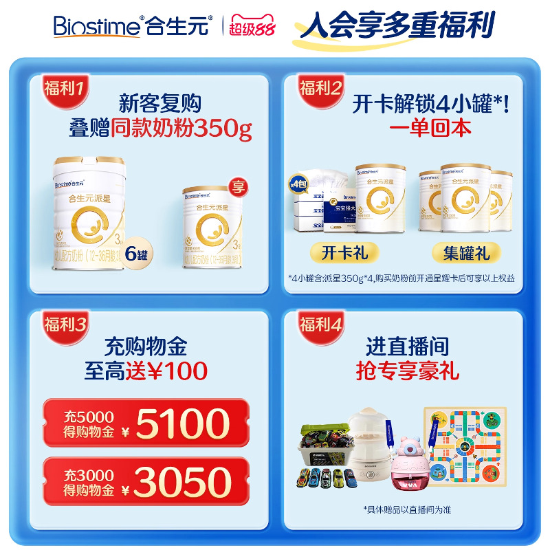 开门红加购|合生元派星新国标升级较大婴儿配方牛奶粉2段800g6罐