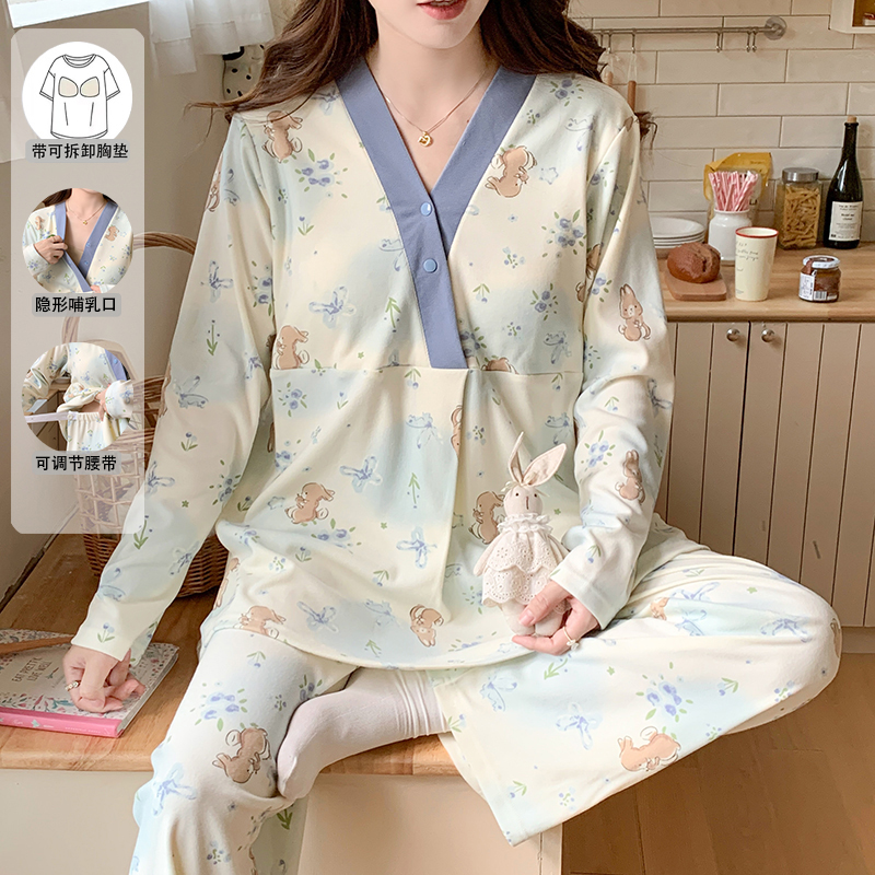 月子服秋冬款带胸垫哺乳怀孕期孕妇德绒睡衣产妇12月份加厚家居服 - 图0