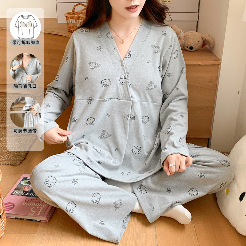 月子服秋冬款带胸垫哺乳怀孕期孕妇德绒睡衣产妇12月份加厚家居服 - 图2