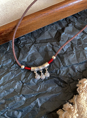 足银999竹节福牌锁骨链绛红色