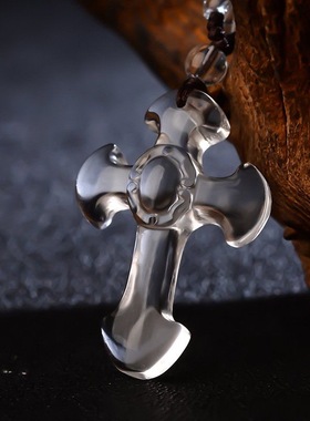 白水晶十字架项链男情侣吊坠女毛衣链合成挂件生日礼物送老人