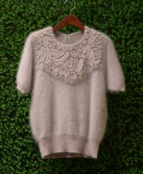 ລະດູໃບໄມ້ຫຼົ່ນມາໃໝ່ angora rabbit fur rabbit velvet beaded flower loose round neck five-sleeve short-sleeve sweater for women