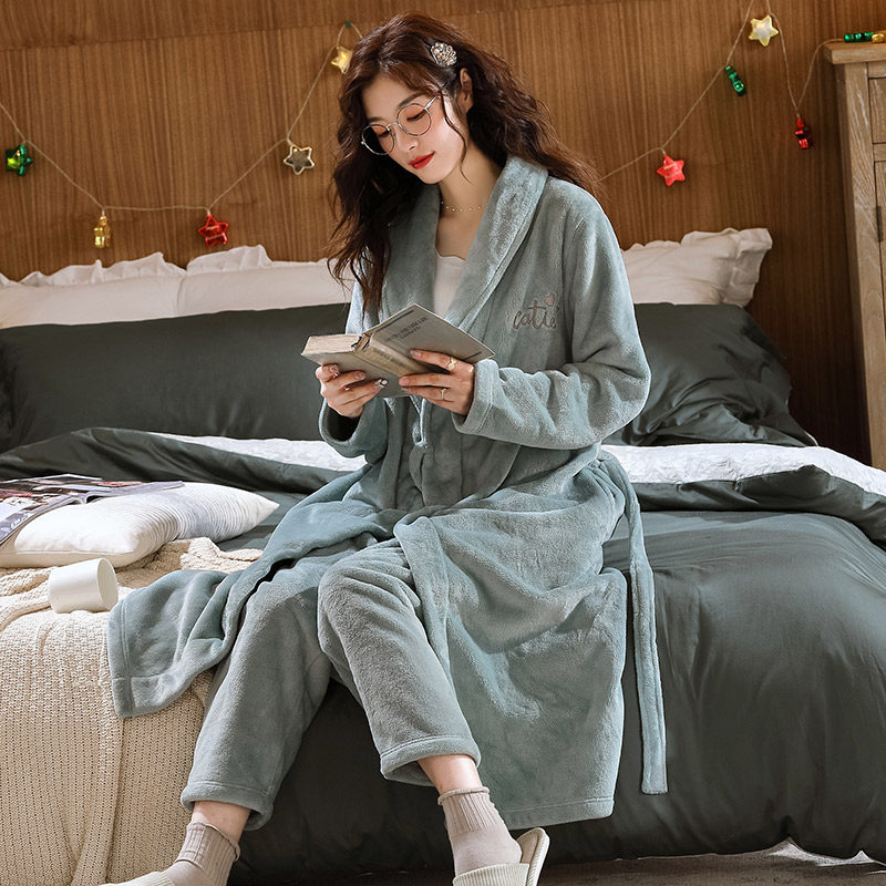 秋冬季长款法兰绒珊瑚绒睡衣 木子内衣睡衣/家居服套装