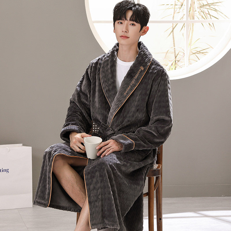 秋冬季法兰绒长款加绒男士睡袍 木子内衣睡袍/浴袍