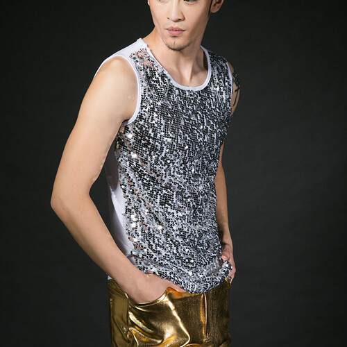 新款男歌手宽松背心潮男装大码表演服亮片演出服装舞台时尚 - 图3