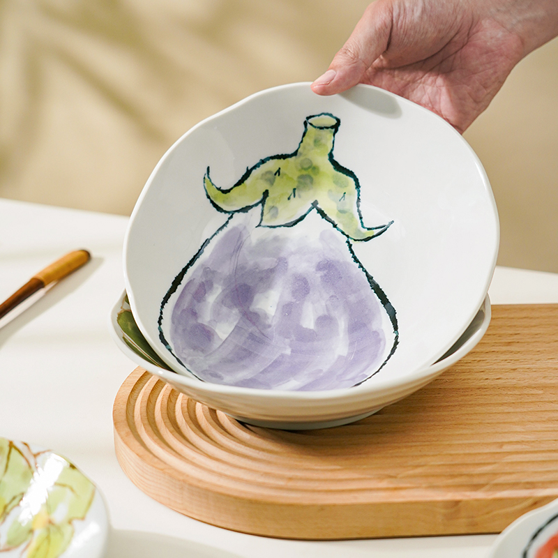 日本进口陶瓷盘子菜盘餐盘深盘碟子大碟釉下彩蔬菜插画风创意日式 - 图2