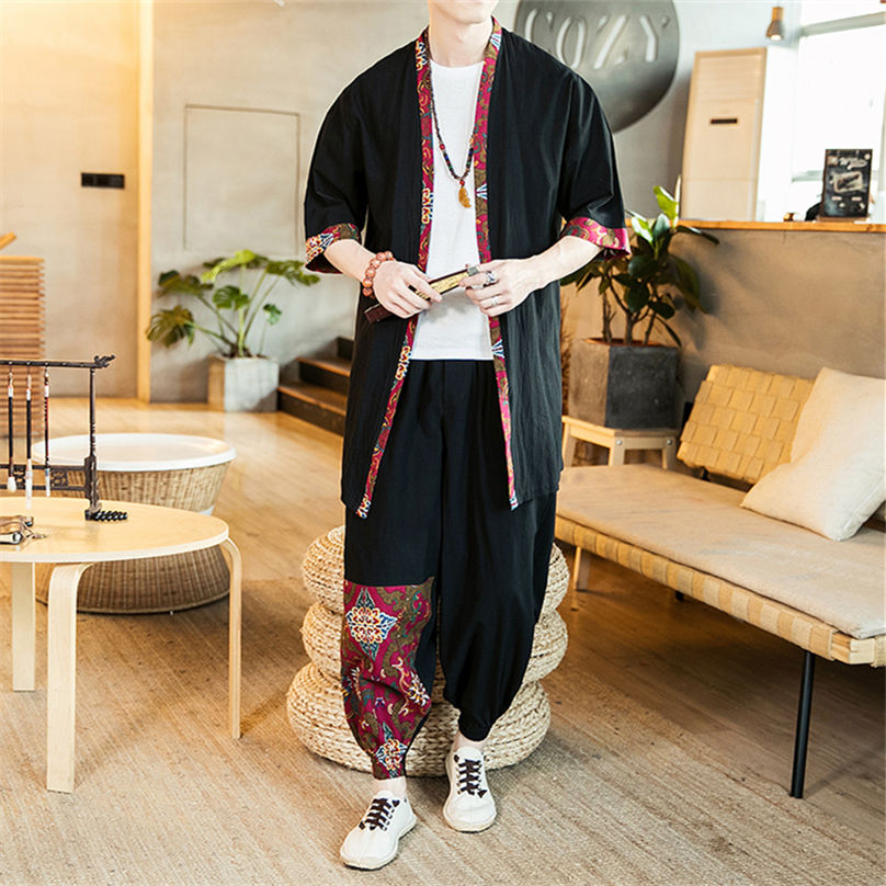 中国风男装夏季薄款开衫唐装两件套复古风道袍棉麻和服休闲套装潮