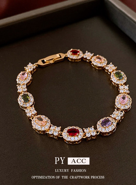 18k真金电镀锆石椭圆卡扣手链欧美ins复古轻奢手链高级感手饰批发