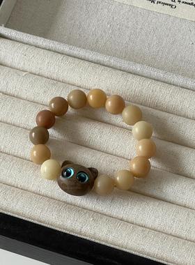 Ojala原创设计国风绿檀木猫猫头天然菩提果新中式手串个性手链