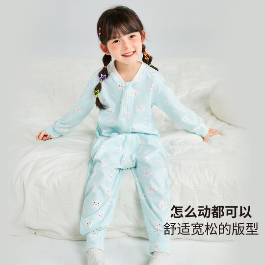灵灵多春秋儿童睡衣防着凉女童100%全棉连体睡衣中大童连身睡袋