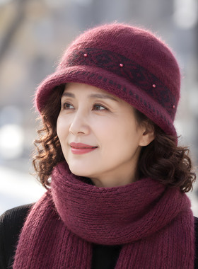 冬季中老年女保暖兔毛针织帽盆帽