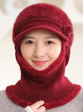 女中老年人连体帽保暖妈妈毛线帽