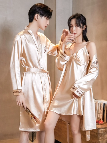 Летняя пижама для влюбленных, шелковый сексуальный осенний банный халат, мужской комплект, короткий рукав, 2021 года